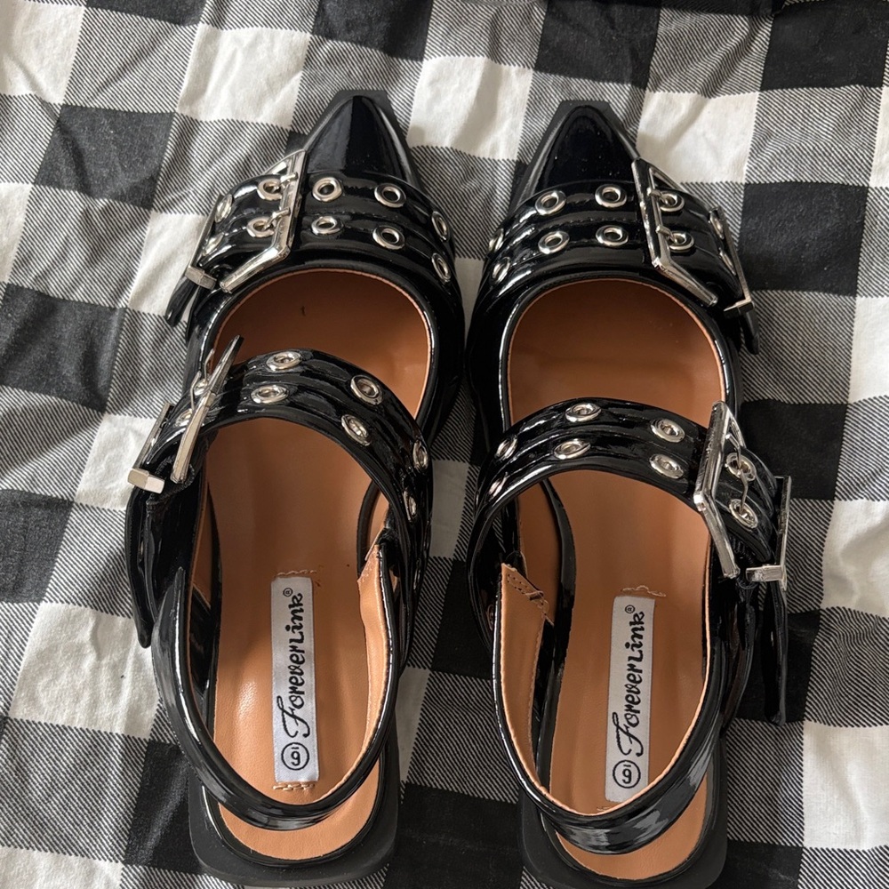 Forever Link Black Patent Mary Jane Flats with Silver Buckles